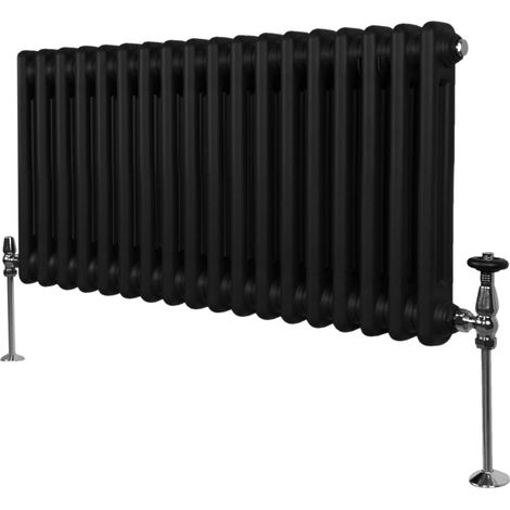 Radiador Tradicional Horizontal de 2 columnas 300mm x 832mm Negro Mate Acero Montado en pared Kit de fijación y soportes + Cepillo de limpieza GRATIS Calefacción estufa calefactor