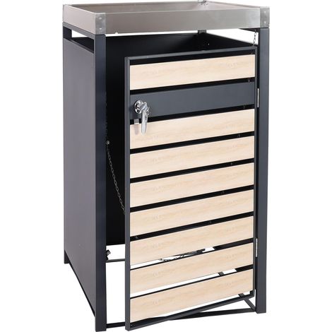 Cobertizo para cubo de basura con macetero y puerta con cerradura 125 x 68 x 80 cm metal antracita aspecto madera de haya 040005704