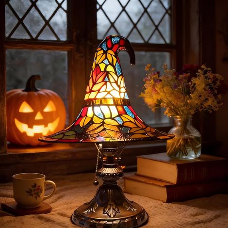 Beyamis Lampe chapeau de sorcière magique en vitrail, veilleuse LED colorée en résine avec prise USB, petit objet décoratif de 30 cm.
