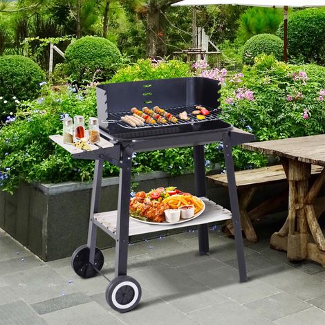 Barbecue à charbon de bois avec hauteur de grille réglable, étagères et roulettes pour une utilisation en extérieur, 83 x 46 x 87 cm, noir