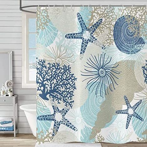 Shower curtain “Nautical Coast” 180x180 cm, beach motif with starfish, shells, coral, marine life, waterproof, made of polyester fabric