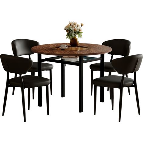 Table à manger ronde 100 cm avec 4 chaises en cuir régénéré noir, plateau effet bois et insert verre, pour salle à manger cuisine CHICFURN (1/5)