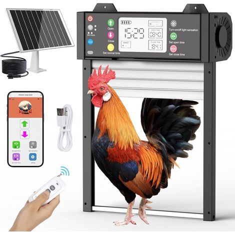 Porte Poulailler Automatique Solaire Aluminium, Trappe Électrique Capteur Lumière, Minuterie, WiFi & App, Anti-pincement, Écran LCD, Télécommande, Batterie 4000mAh Noir Moyen (1/5)