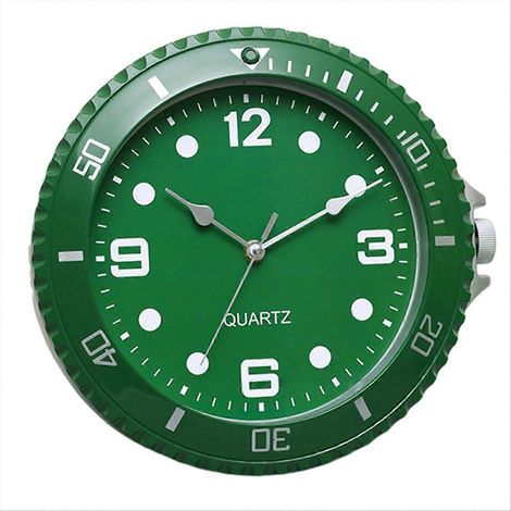 Moderne Wanduhr mit geräuschlosem Quarzwerk und grünen Zeigern (1/5)