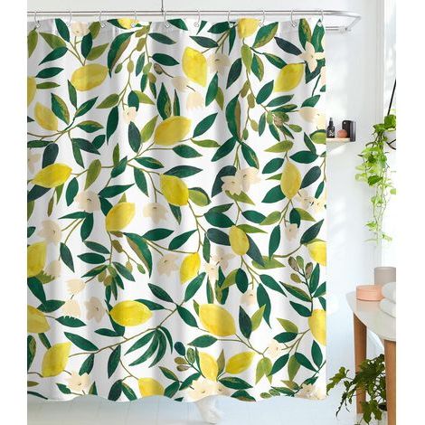 Rideau de Douche en Tissu imperméable avec 12 Crochets, Motif Citron, Fruits, Feuilles Vertes, Plantes, 200 x 180 cm (1/5)