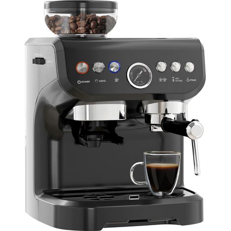 Machine à expresso 1600W avec moulin à grains, buse vapeur, pompe italienne 15 bars, réservoir d'eau 2 L, noir (1/5)