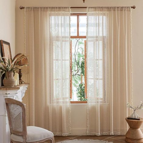 Cortinas para salón, 160 cm de largo, con borlas de encaje, juego de dos piezas, rayas geométricas de ganchillo, semitransparentes, 140 x 160 cm (1/5)