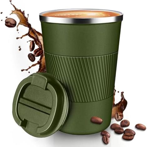 Tasse à café de voyage isotherme, anti-fuite, pobtable pour aller au camping – Tasse à café réutilisable avec couvercles (vert militaire 380) (1/5)