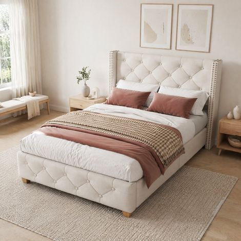 MEUBLIV Cama 90x200 cm beige – cabecero capitonado, somier de láminas incluido, sin colchón (1/5)