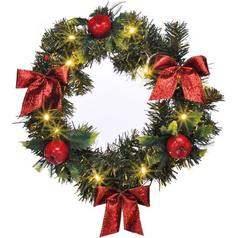 Produktbild LED Kunst Tannenkranz grün warm weiß beleuchtet mit Timer - Ø 28 cm - Weihnachtskranz mit Dekoration Batterie betrieben - Weihnachten Advent Winter Deko Türkranz Tischkranz