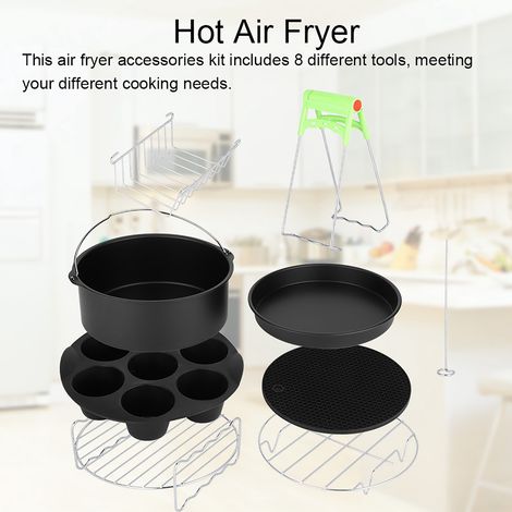 Juego de 8 accesorios para freidora de aire de 8 pulgadas: soporte metálico, rejilla para asador y molde para pasteles (negro + plata). (1/5)