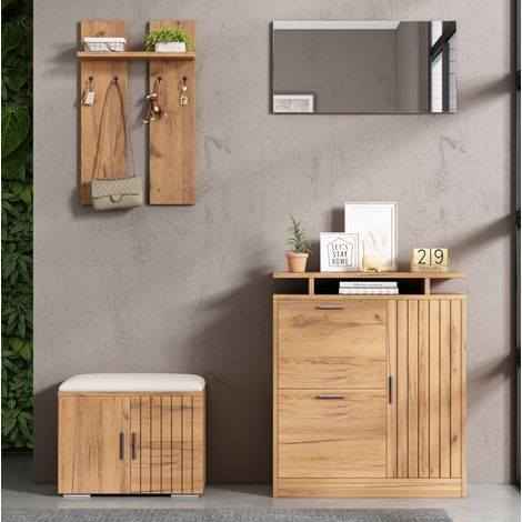 Mueble zapatero de entrada con banco, espejo, ganchos, 5 puertas, natural OKMYHOME (1/5)
