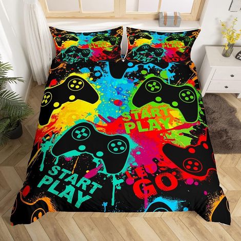 Gamepad Imprimé Garçons Salle de Jeux Décor Housse de Couette,Ensemble de Literie Tie Dye pour Enfants Ados Thème de Jeu Housse Couette,Contrôleur de Bande Dessinée Moderne,Taille 200x200 (1/5)