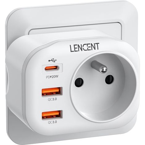 Prise USB Secteur Chargeur Rapide 20W et QC3,0 4 en 1 avec 1 Prise, 1 Type C et 2 USB Multiprise Un Mini pour Chambre Cuisine Bureau 4000W Compatible avec téléphones (1/5)
