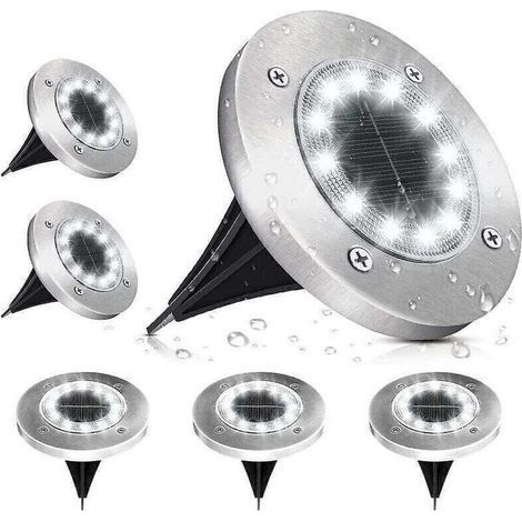Set di 6 lampade solari da esterno a 12 LED, 6000 K, bianco freddo, impermeabili IP65, faretti LED da incasso per esterni, giardino, patio, prato, cortile. (1/5)