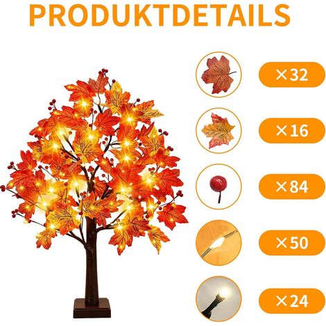 Herbstdeko Innen LED Baum mit 74 LEDs, Lichterbaum Herbst Dekoration 66 cm
Warmem Licht LED Baum, Herbst Dekoration Ahornblatt Baum, USB & Batterie Herbstdeko Tisch Lichterbaum für Innen Dekoration (1/5)