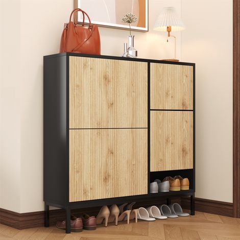 Meuble à chaussures d'entrée 105 x 25 x 115,5 cm, avec tabouret pliant, double étagère, grande capacité, MDF, noir + naturelle (1/5)