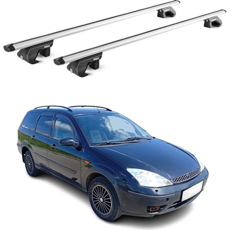 OMAC Dachträger Aluminium TÜV geprüft für Ford Focus I II Kombi 1998-2010 – Für Standard Dachreling – T Nut – Max 90 kg – 2 Schlösser Silber (1/5)
