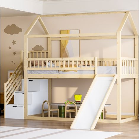 MEUBLIV Lit superposé 90x200 cm bois naturel – avec toboggan, sans matelas (1/5)