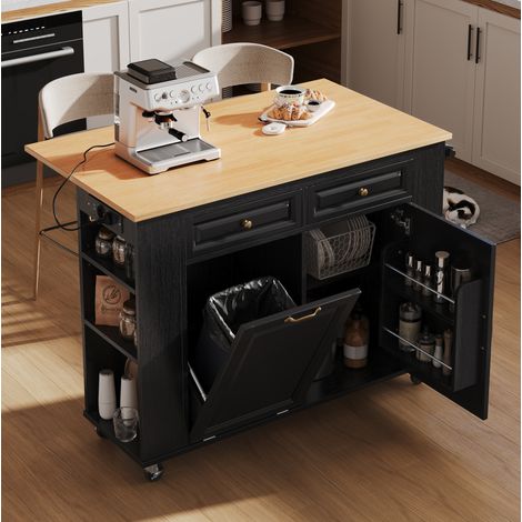 Isla de cocina con ruedas 120x40-70x92 cm, encimera abatible, toma de corriente, MDF, negro y natural (1/5)
