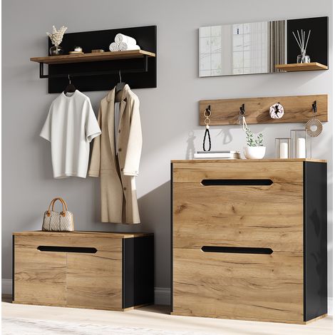 MEUBLIV Garderobenset 156 x 36 x 176 cm, Schwarz und Holzoptik, mit Spiegel und Stauraum (1/5)