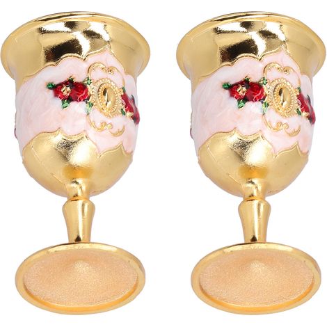 Verre à vin vintage en métal doré, 2 pièces avec motif fleuri peint, idéal pour bar et cadeaux, élégant pour boissons. (1/5)
