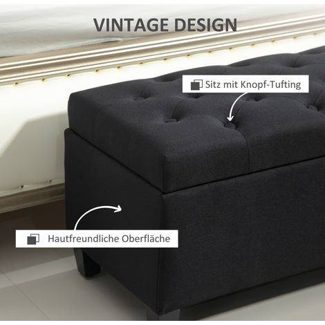 Banquette coffre avec rangement, banc rembourré en polyester aspect lin, bois d'hévéa noir, 100x40x44 cm, idéal entrée, chambre, salon. (1/5)