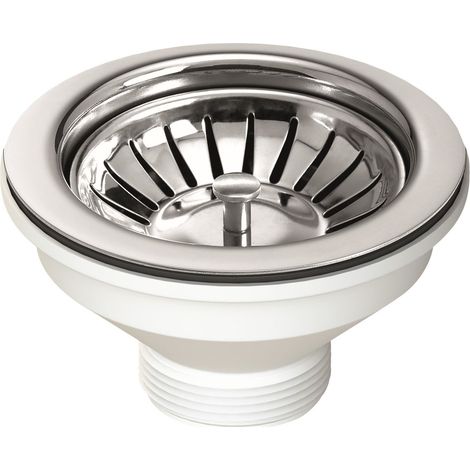 Bonde évier Ø114 mm DS550 – Raccord Gaz 1'1/2 – Acier inoxydable finition brillante – Panier pousseur en acier – Hauteur 65 mm – Lb Plast