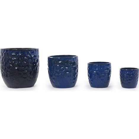 Keramiktopf Ø18 cm, dunkelblau glänzend, gehämmertes Relief, mit Drainageloch (1/5)