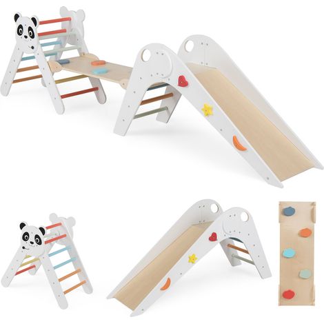 Triangle d’Escalade Montessori Enfant Pliable sur Thème Panda avec Rampe et Échelle, Parcours Motricité Bébé Bois avec Toboggan, Blanc (1/5)