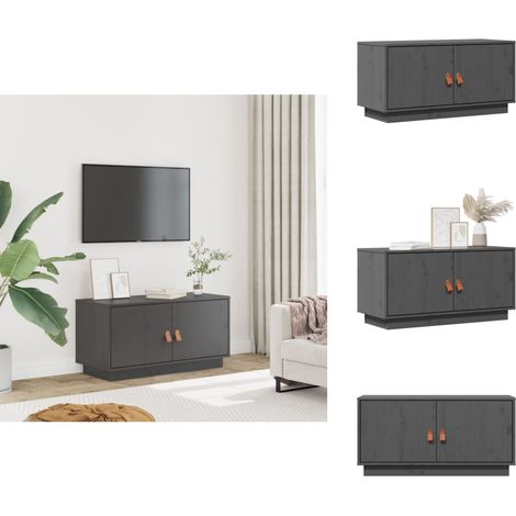 Meuble TV Gris 80x34x40 cm Bois de pin massif - Meuble Tv - Meuble Téléviseur - Support Tv - Unité Tv - Bois Massif (1/5)