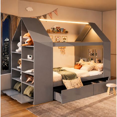 Cama infantil casita 90 x 200 cm con 2 cajones y LED, gris DESVIAE (1/5)