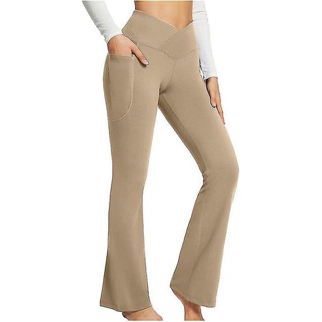 Pantalon de yoga bootcut avec poches pour femme, taille haute, effet ventre plat, pantalon de travail pour femme - M - Kaki (1/5)