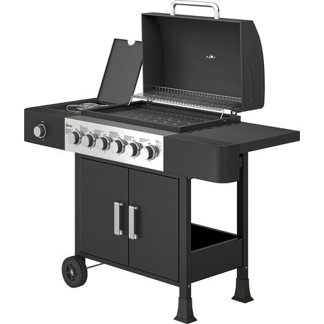 Gasgrill mit 17,8 kW Leistung, 6+1 Brennern, Edelstahl-Grillwagen mit Rädern, Seitenbrenner, Thermometer und emailliertem Grillrost.