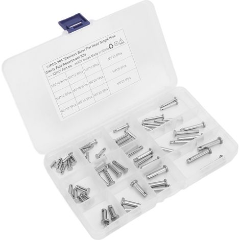 Kit d'assortiment de 64 goupilles à chape rondes en acier inoxydable, à tête plate et trou unique, en forme de T, pour voiture (12 tailles différentes). (1/5)