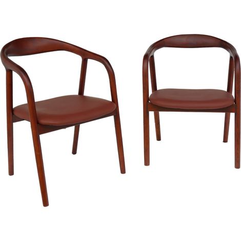 Lot de 2 fauteuils structure bois d'hévéa. assise simili cuir. teinte noyer vintage. L 55 x P 57 x H 79cm. Noyer / Marron