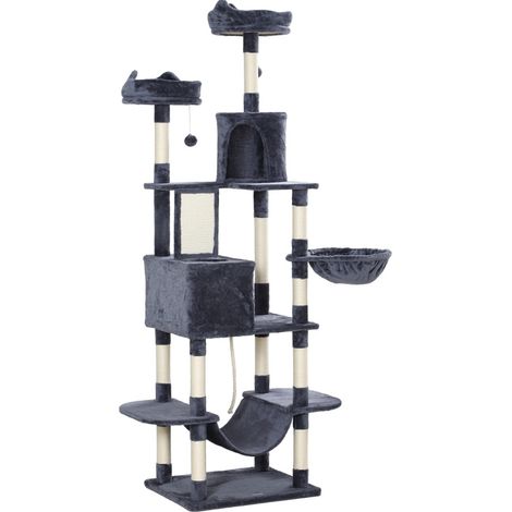 Rascador para gatos 206 cm con 2 cuevas, hamacas, postes de sisal y plataformas gris oscuro (1/5)