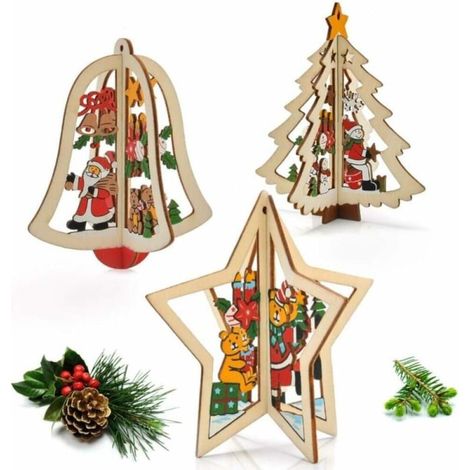 Pendentif de Noël, ensemble de 3 pièces de décorations creuses tridimensionnelles pour sapin de Noël (cloche, étoile, sapin de Noël) (1/4)