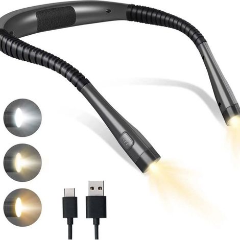 Lampe de Lecture Rechargeable pour Lit, Collier Neck Light avec 3 Températures de Couleur et 6 Niveaux de Luminosité, Bras Pliable, Longue Durée de Vie, Noir (1/4)