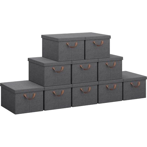 WOLTU Lot de 10 Boîtes Rangement en Tissu, 43x33x26cm, Boîte de Rangement avec Couvercle, Panier Rangement, Design Pliable,Coffre de Rangement, Gris (1/5)