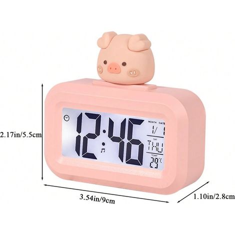 Réveil numérique pour enfants, réveil mignon avec écran LED, réveil intelligent de voyage pour la salle de bain, réveil de chevet affichant le calendrier, l'alarme et la température (Cochonnet rose) (1/4)