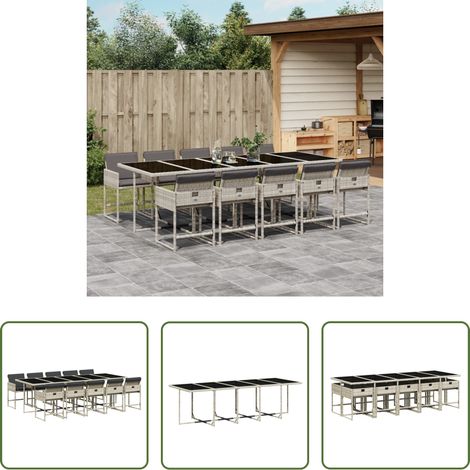 Gartenstuhl -  11-tlg. Garten-Essgruppe mit Kissen Hellgrau Poly Rattan (1/5)