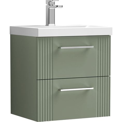 Belvide Partial Fluted 2 Drawer Wall Hung Vanity Unit with 1 Tap Hole Thin-Edge Basin- 500mm - Satin Green