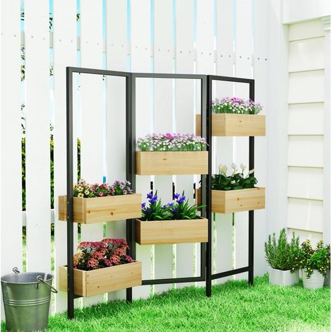 Jardinera con celosía plegable, 6 maceteros, acero y madera natural DESVIAE (1/4)