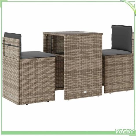 Ensemble de bistro 3 pcs - FAFEICY - 4003871 - Résine tressée gris - Coussins amovibles lavables - Dessus verre trempé (1/5)