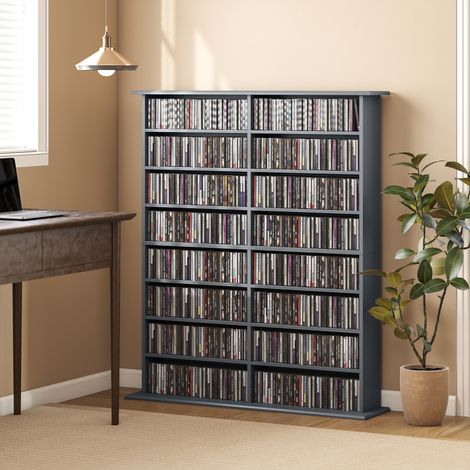 Meuble de rangement pour CD et DVD avec 16 compartiments et 12 étagères réglables, capacité maximale 720 CD / 396 DVD et Blu-ray, gris