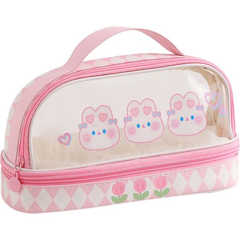 Trousse crayon étanche transparente avec fermeture éclair, motif lapin rose mignon, idéale pour école, étudiants, maquillage et voyage. (1/5)