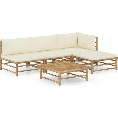 Salon de jardin 5 pcs Ensemble Table et Chaise de Jardin - avec coussins blanc crème Bambou BV565292 - BonneVie (1/5)