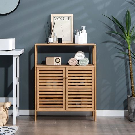 Bathroom Cabinet Freestanding Bamboo Shelf with Open Shelf 64 x 27.5 x 80 cm Natural (1/5)