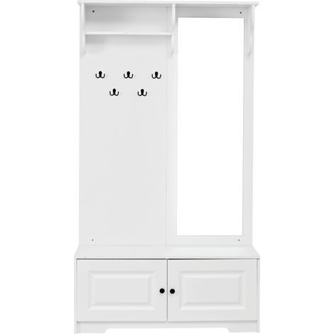 Mueble de recibidor multifunción 100 x 40 x 180 cm blanco con espejo, 5 ganchos y 2 compartimentos (1/5)